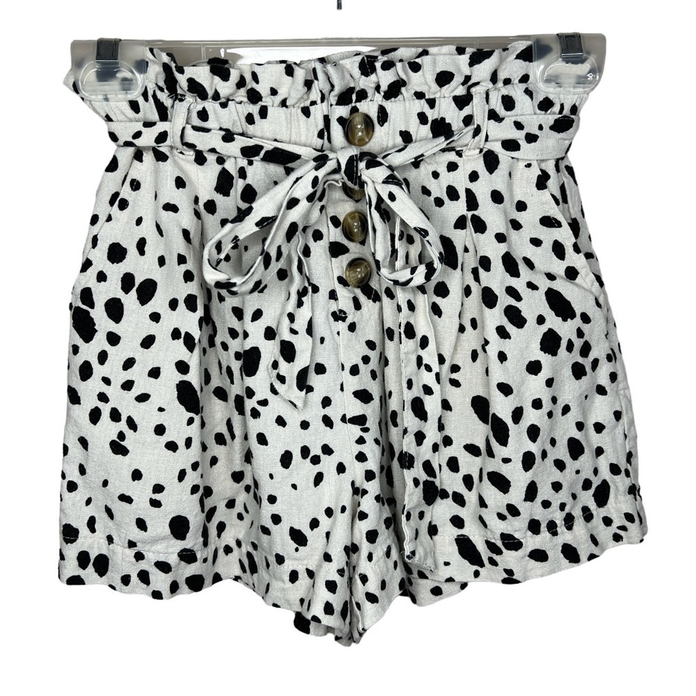 XS Linen Blend Charlotte Russe Beige Black Dalmatian Animal Print Shorts